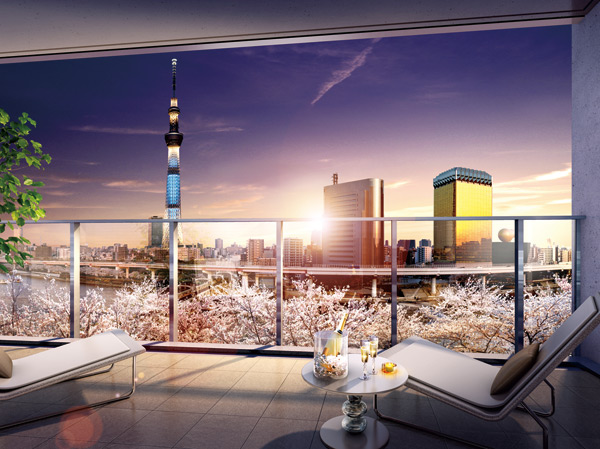 balcony ・ terrace ・ Private garden.  [balcony] A balcony that can Enlightenment that the expression of the Sumida River of four seasons. Live is a special private space, which is open only to people.  ※ Synthesized view photos from the local 4-floor equivalent (April 2012 shooting) to C type CG Perth, Which was subjected to some CG processing, In fact a slightly different.