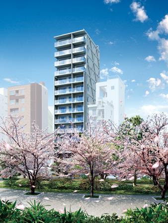 Features of the building.  [appearance] Building northeast ・ It partnered diagonally southwest surface, Adopted as a design to show without hiding the seemingly geometric to look also truss structure. Strong this structure to the shaking of an earthquake is also the advantage of widely available space.  ※ Exterior - Rendering