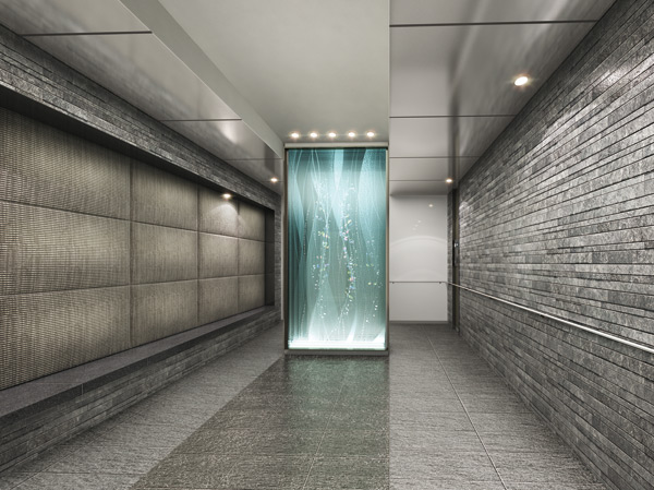 Features of the building.  [Entrance hall] Glass art that has been laid in the entrance hall front, A representation of a sparkle of light that Tayutau to the flow of the Sumida River water. A transparent sense of sparkling glass art to encounter when the live person who is back, It will make me forget the fatigue of everyday.  ※ Entrance Hall Rendering