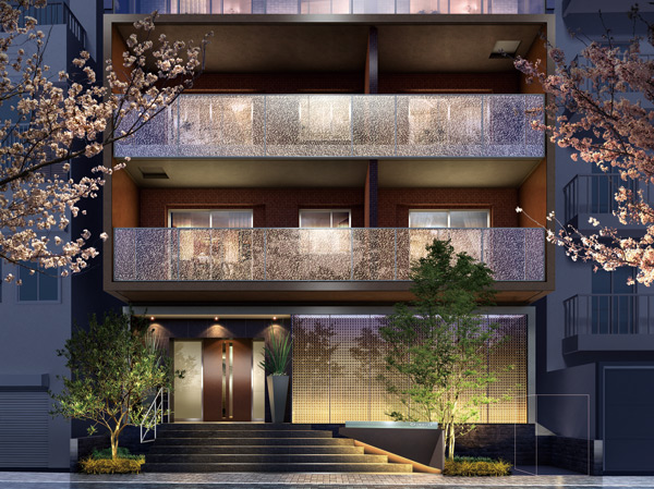Buildings and facilities. Entrance of modern impression with Japan's traditional color rust color of the frame. It reflects possessed the land as a "historic property" and "innovation" to the design.  ※ Rendering