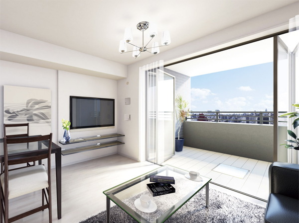 Living.  [Open-air space] Captures light and wind, Open-air space to connect the outdoor and indoor. Wood deck and flexible window resulted in a stylish open-cafe atmosphere, Also installed lighting and electrical outlet.  ※ Bos, Bosr type only (Bos type same specifications)