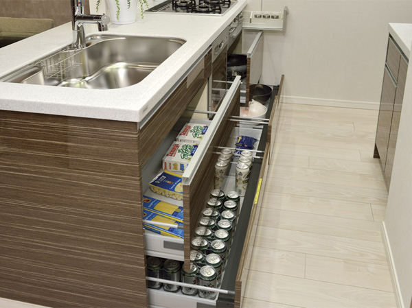Kitchen.  [Soft-close function with slide storage] Easy to take out the things in the storage of kitchen, Prepare and organize easily slide storage. It is software with close function that close to quiet a smooth movement. (Same specifications)