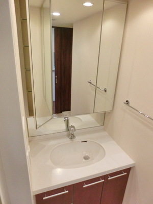 Washroom. Three-sided mirror vanity