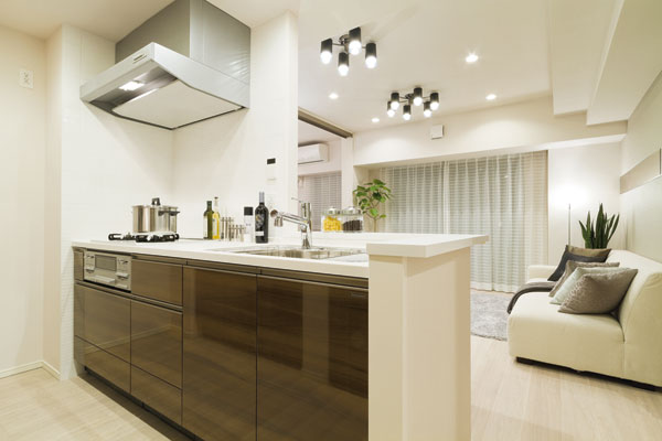 Living.  [To all of the space that is responsible for meaningful every day, The beauty] living ・ Face-to-face kitchen in consideration of the affinity with the dining. The drawer of the rail of the kitchen, Close slowly be vigorously closed, It has adopted a pull motion to reduce the low-noise. (Kitchen)