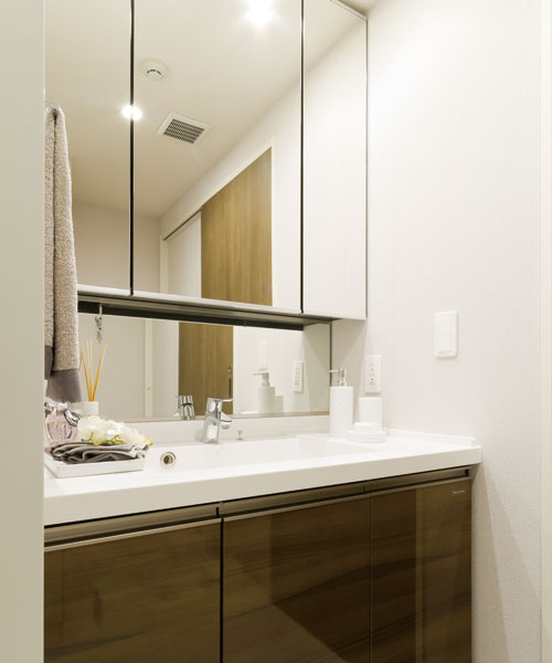 Interior.  [Powder Room] Counter-integrated Square bowl, In addition to it is also excellent in the seam without design, It is easy to clean. others, Was attention to detail, such as Hansgrohe single lever faucet and health meter storage space.