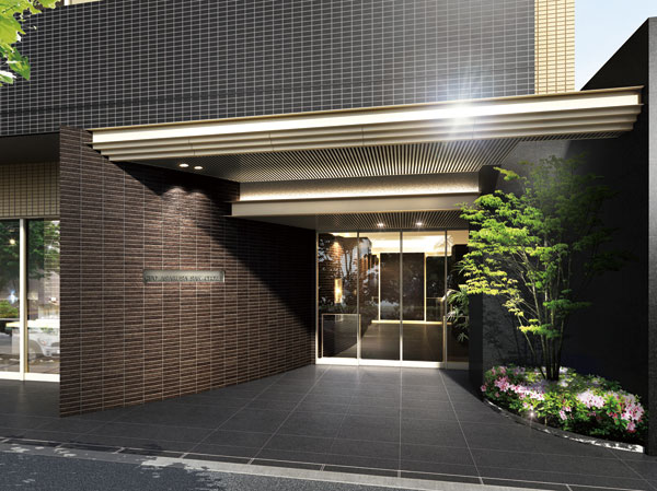 Shared facilities.  [Switch from on to off, Elegant approach] Big symbol tree is a design wall and evergreen depicting Earl, Live person and visit entrance that will welcome warmly the people. Elegant design of that sense of unity is unravel the tension from going out, Then gradually shift from ON to OFF the Mind. (Entrance Rendering CG)