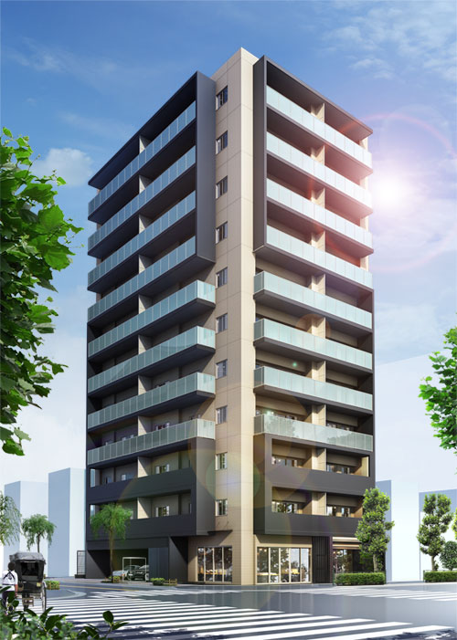 Features of the building.  [Facade of stately and refined to harmony] In the facade that strongly influences the overall impression the building, Produce a profound feeling while using the traditional black-based color of the tiles to the foundation part of the balcony handrail. The fourth floor above adopted the glass, While drawing a sleek design shine in response to the light. further, While emphasizing the horizontal lines of the balcony surface, Large irregular line to draw an S-has become an accent for "attractive". (Exterior CG)