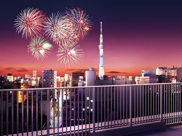 Features of the building.  [To experience the taste, It has raged impressed by the rooftop plaza] As a dedicated relaxation and community space who live, We have prepared a rooftop plaza. Tokyo Sky Tree and Sumida River fireworks (July every year held), etc., Such as the stylish landscape that decorate the night sky of this city can enjoy at the open-air rooftop, It will produce the peace in an empty Tokyo.  ※ In fact a slightly different is subjected to some CG work to view photos from the 10th floor considerable height site (August 2012 shooting).