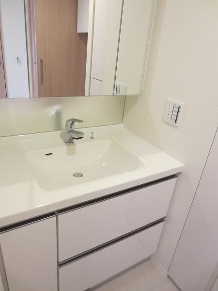 Wash basin, toilet. Bright vanity.