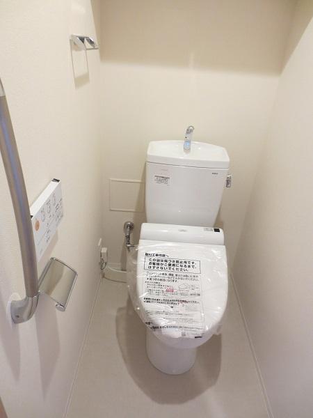 Toilet. Toilet equipped with a handrail.