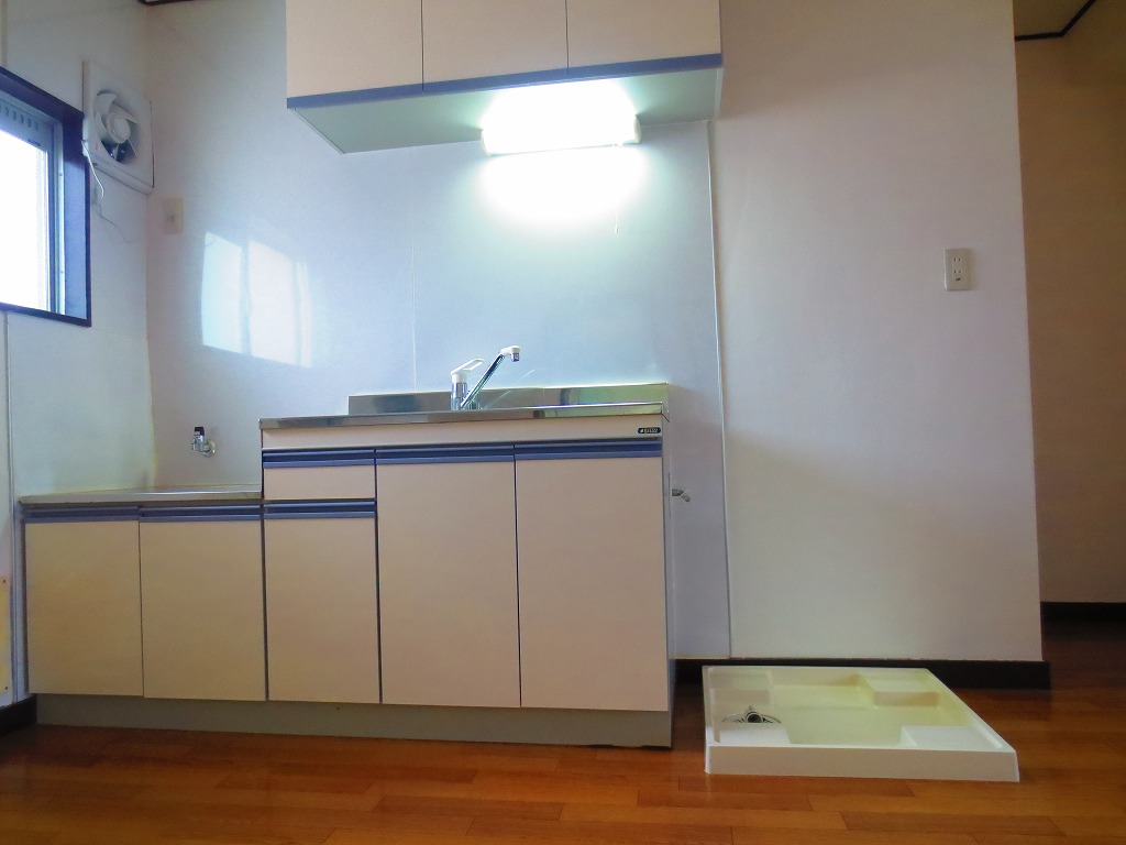 Kitchen. There is also a waterproof pan with Washing machine in the room