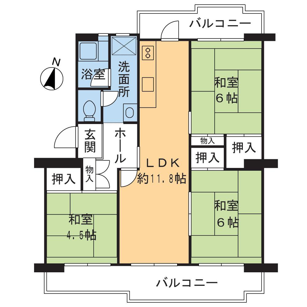 Floor plan. 3LDK, Price 18.5 million yen, Occupied area 66.17 sq m , Balcony area 15.96 sq m