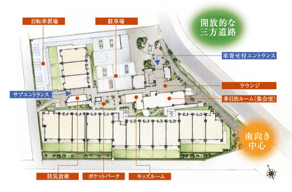 Shared facilities.  [Bathed in sunlight, Large scale ・ All 156 House] In the land of full of open feeling of the hill, Born on the scale of all 156 House "The ・ Nagayama Park House Tama New Town ". The distribution building plan in which the width of the east and west of the site was taking advantage of the broad shape, About 74 percent of the total residence ( ※ ) Is a residence that is wrapped in the sunlight that was realized dwelling unit placement to be a south-facing. (Site layout illustration) ※ 116 units out of the total 156 units (74.3 percent) south-facing.