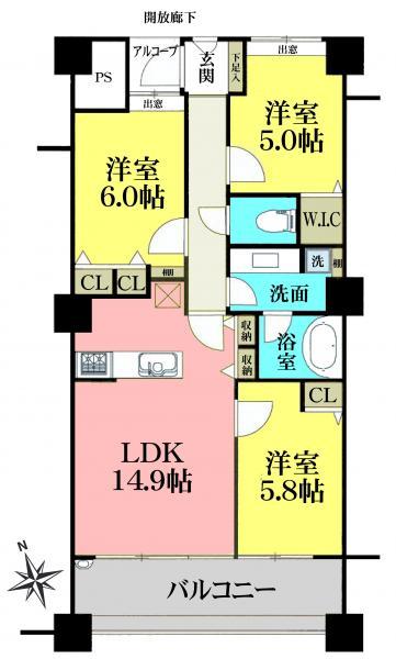 Floor plan. 3LDK, Price 29,800,000 yen, Occupied area 70.68 sq m , Balcony area 11.34 sq m