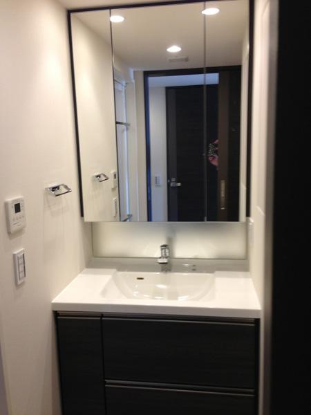 Wash basin, toilet. Three-sided mirror back storage is a wash basin vanity. Storage capacity is sufficient.