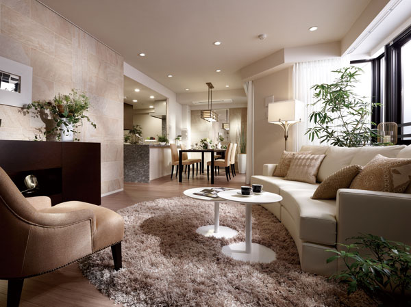 Room and equipment. High sash height of about 2.2m in the window facing the balcony, living ・ The dining, Is jammed attention the ceiling cassette type air conditioner to fine living, such as standard equipment. (Model room Atype ・ Menu Plan 1 ・ Graceful Mocha (application deadline Yes ・ Free of charge) is that where the shooting)