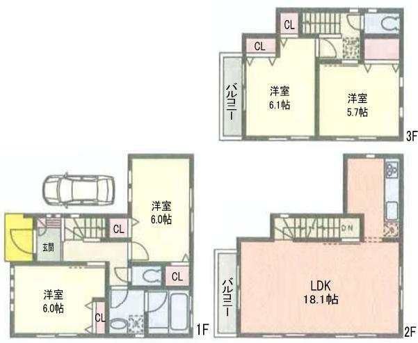 Floor plan. (B Building), Price 54,800,000 yen, 4LDK, Land area 61.84 sq m , Building area 96.52 sq m