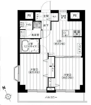 Floor plan. 2LDK, Price 23,900,000 yen, Occupied area 42.88 sq m , Balcony area 5.4 sq m