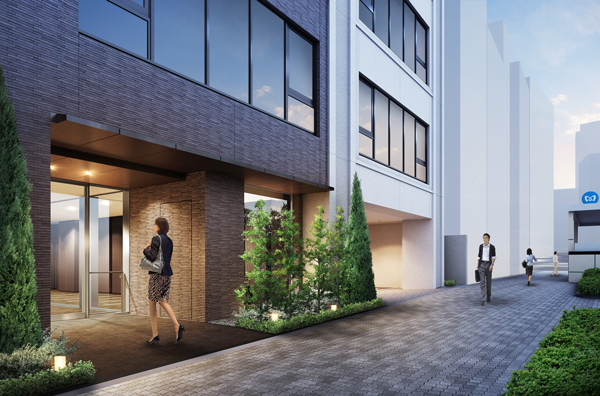 Features of the building.  [entrance] Tokyo Metro Yurakucho Line ・ Fukutoshin line than "Kanamecho" station Exit 5, Only 1 minute straight flat sidewalk without signal (about 30m). Also, Blocking the line of sight from the outside, Adopt a less susceptible to the inner corridor design the outside air of influence. It has extended the privacy of the people who live. (Rendering)