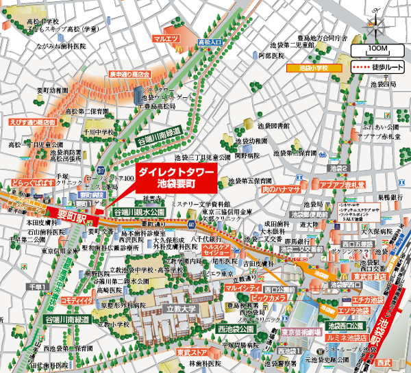 Surrounding environment. Kanamecho area is surrounded by old-fashioned shopping district, Local landscape will eaves to hot a idyllic. Including the super of the 24-hour, Commercial convenience facilities are dotted with a large number of aligned everyday essentials, It supports the day-to-day life. further, Commitment gourmet facility is adorned with vivid everyday. Local neighborhood is blessed with green of moisture such as TaniTadashi Kawaminami green road and water park, While the walking distance of the Ikebukuro, This landscape will bring comfort and prosperity in mind. (Local guide map)