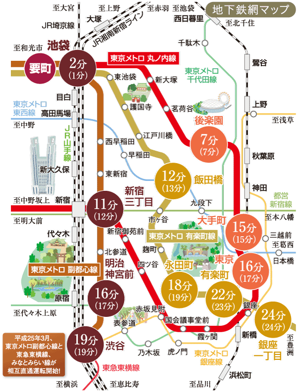 Surrounding environment. Tokyo Metro Fukutoshin ・ Yurakucho ・ Marunouchi Line. By using this Tokyo Metro 3 line, It is possible to direct access to the main area of ​​the city center, To enrich from the business to the private, Further to deepen the charm that live in Ikebukuro. (Subway system map) ※ During the time required during the day normal (in parentheses commuting time) it is a measure of, Slightly different by the time zone. Also, Latency ・ It does not include the transfer time.  ※ Some routes ・ It expressed an excerpt of the station, etc..