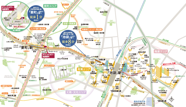 Surrounding environment. Yurakucho ・ Fukutoshin line "Kanamecho" one stop one minute from the station to "Ikebukuro", Walk from local 8 minutes. It is a sphere of life "Ikebukuro" station west exit, Both areas of the east exit, Large-scale commercial facilities are integrated in Tokyo leading as a place of origin, such as fashion and gourmet. In addition to its surroundings, Many traditional shopping streets and supermarkets, etc., It feels familiar as the landscape to settle the local unique friendly atmosphere. (Ikebukuro area MAP) ※ Some of the following map 2-point road ・ Notation and excerpt the facilities, etc.. Minamiikebukuro chome A district first-class urban redevelopment project (FY 2015 development plan)