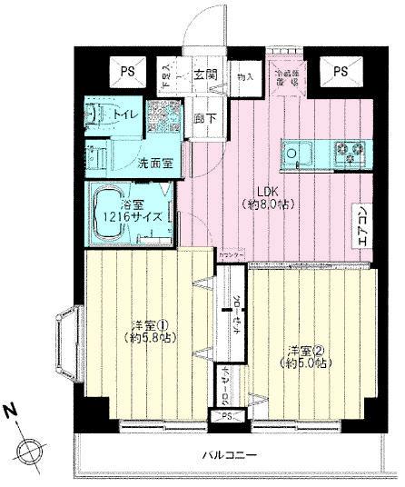 Floor plan. 2LDK, Price 23,900,000 yen, Occupied area 42.88 sq m , Balcony area 5.4 sq m