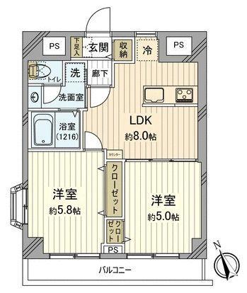 Floor plan. 2LDK, Price 23,900,000 yen, Occupied area 42.88 sq m , Balcony area 5.4 sq m