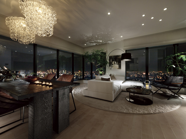 Living.  [LIVING DYNING] Indoor photo model room of me (85P-9 type ・ Custom order plan ※ Free of charge ・ Application deadline there) shooting (August 2013) was to those, CG synthesized view photos from the local 27th floor equivalent (April 2013 shooting) ・ Which was processed, Slightly different from the actual view. View, etc. rank ・ It varies by each dwelling unit, Surrounding environment ・ View might change in the future.  ※ Model room of the specification such as the convenience of on construction ・ It may be subject to change in part by improvements. Amenities are the same specifications of publication.