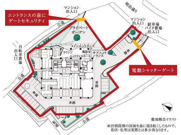 Shared facilities.  [Security to watch over the safety of the lives of all 411 House] Megurase the mesh fence of a height of about 2m to the entire circumference site, Friendly security, It aims to be as much as possible prevent outsiders from entering. Residents, The adoption of a hands-free system, Even if there is a luggage in both hands, After the security gate can pass through only in the approach, entrance ・ elevator hall ・ You can comfortably pass through the four stages of the security in the first floor elevator.