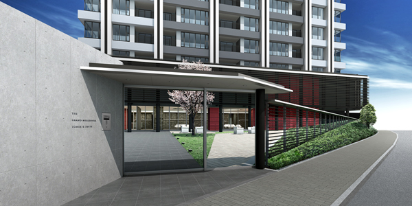 Shared facilities.  [Entrance gate to invite to the mansion] Before entrance gate, Spread the design approach. The portion to be a site north, Provided with a private garden, And the cherry symbol tree decor open louvers "entrance gate" over, Planning the space, such as a square with wine red walls overlooking the impressive glass-walled main entrance. Together to consider the security of gently separates the inside and outside of the site, We are working to Landscaping with dignity from the street. (Entrance gate Rendering)