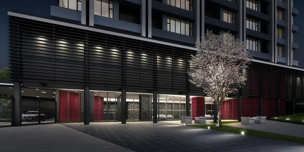 Features of the building.  [Avant-garde main entrance] Wine red walls impressive avant-garde main entrance design. By configuring the appearance of a material that accompanied the lightness, Represent the avant-garde tower life worthy of the prime locations of the city residents called Mega Terminal JR "Ikebukuro" station near the residential zone. By wine red and black contrast of calm at the same time, It aims to calm city block formed by the elegance that is reminiscent of the tradition of Japan, yet advanced. (Entrance Rendering)