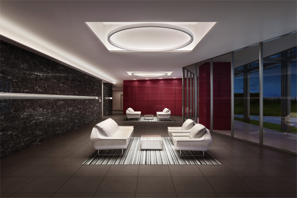 Shared facilities.  [Entrance hall that connects the city and the house] Entrance Hall with a sophisticated presence, urban is, As the place where people meet to approach from the people and sub entrance to approach from the main entrance, Setting as a space with open-minded private garden a continuous spread. Connecting the town 'City' with the house 'Tower house', It has adopted the appropriate design color to switch room to switch the ON and OFF. (Entrance Hall Rendering)