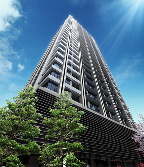 Features of the building.  [High-rise seismic isolation Tower Residence] The property is, As a flagship project of the Ikebukuro South, Pursuit of symbolic value to be the "face" of megacities Ikebukuro. By adopting the corner sash not arranged a pillar in the four corners of the building, It is designed to go crowded melted into the sky by to brighten the color tone of the building corners together to reduce the visual sense of volume. In the entire building, By tones and color of blue gray, And a high blue sky and affinity Tower, We relieve the oppressive feeling of the streets around. (Exterior view)