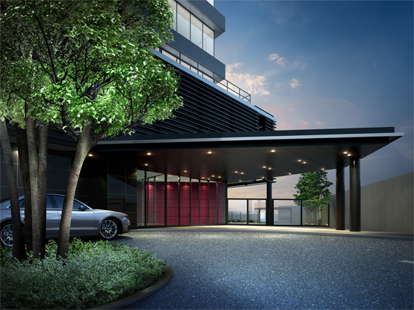 Buildings and facilities. Place the sub entrance there from human sight walking the streets of the carriage porch provided a large eaves to the previous approach of alley-style to protect the privacy. Live person who was friendly to be able to getting on and off smoothly even on rainy days. To drive way is, Established the vertical ribs of the design wall to draw a curve. We are working to unify the vertical design that has been subjected to a panoramic view of the building. (Sub Entrance Rendering ※ Rendering is actually a somewhat different in those that caused draw based on the drawings of all the planning stage)