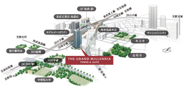 Surrounding environment. JR Yamanote Line "Ikebukuro" Station 6-minute walk ・ "Mejiro" station walk 9 minutes. As a major commercial hub, As a business hub, While close to feel the dynamism of full of power and energy "Ikebukuro", The same properties that pleasant Ryokufu is close to birth a gentle land swaying. Stage for live, which has been left in the Ikebukuro, It will deliver a different Metropolitan Life and ever. (Rich conceptual diagram ※ There in the diagram for explaining the location situation, Building location ・ height ・ distance ・ Scale, etc. is slightly different actual and. A part of the surrounding buildings have been expressed only general line)