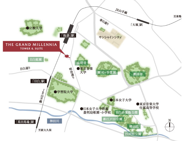 Surrounding environment. In the vicinity of Ikebukuro and Mejiro, Many universities and large park, Such as a dotted historic temples and shrines. It spreads tasteful location that is filled with flavor of the scent and the leafy shade of educational. Also the property is, Located on a hill of the Musashino Plateau at an altitude of about 31m. And the feeling of freedom of upland unique and wrapped in a sense of security of a robust ground. (Area conceptual diagram ※ Some road ・ Route ・ An excerpt of the facilities have been notation. Also, Building location ・ distance ・ Scale, etc. are slightly different and practice)