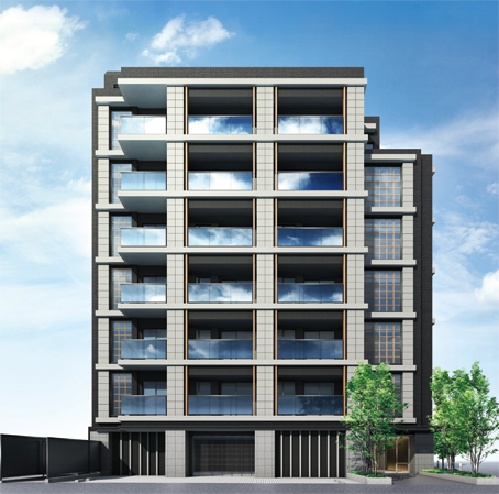 Features of the building.  [appearance] Claiming the lives of grid design that was based in the horizontal and vertical line has been refined in a simple. Accents of wood tone material which is provided in various places, It has given a warm look in neat facade. (Rendering)