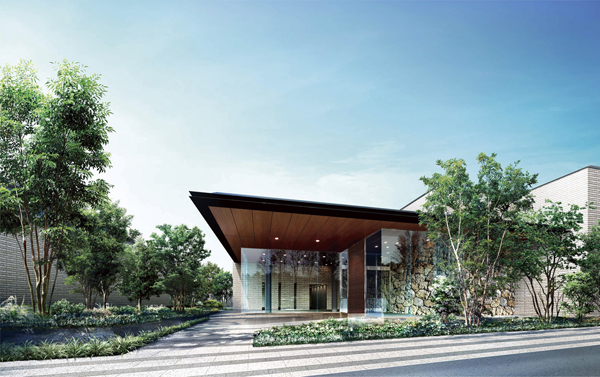 Buildings and facilities. Reminiscent of the mansion of elegant Mejiro, Entrance worthy of the mansion. Large eaves of the wood tone of a height of about 4.5m, Glass screen to produce a sense of openness, Such as masonry to be a heavy accent, Entrance to become the face of the mansion, It shows the presence as a space of elegant Yingbin. (Exterior CG)