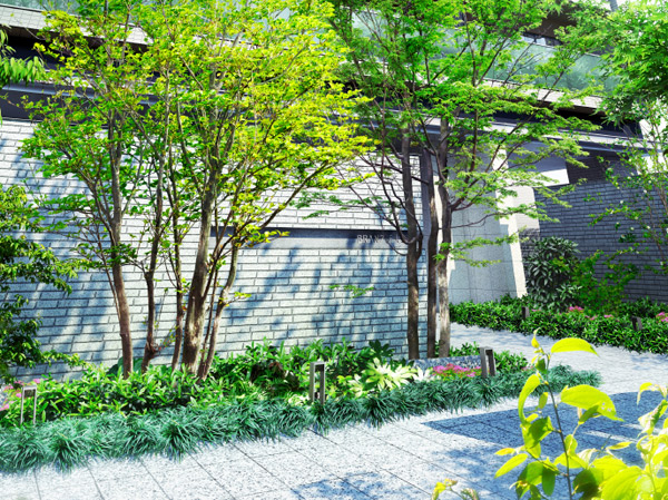 Features of the building.  [Entrance approach] Create a space that is wrapped in green. Heal the live person mind, It will lead to a private time. (Entrance approach Rendering)