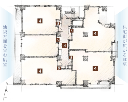 Features of the building.  [floor] 3. adopt a corridor within the shared hallway to bring the sense of quality hotels like. With to ensure the privacy of those who live block the line of sight from the outside, You can also move without getting wet in the rain. 4. angle dwelling unit rate of about 79% planning was realized (total 64 Eucommia 51 units). Highly independent house will ensure a lot of openings, Create a living space that captures the light and wind. Installation convenient trunk room to all households in (except for some dwelling unit) 5. Storage of sports equipment and leisure goods is next to the entrance. (Floor conceptual diagram)