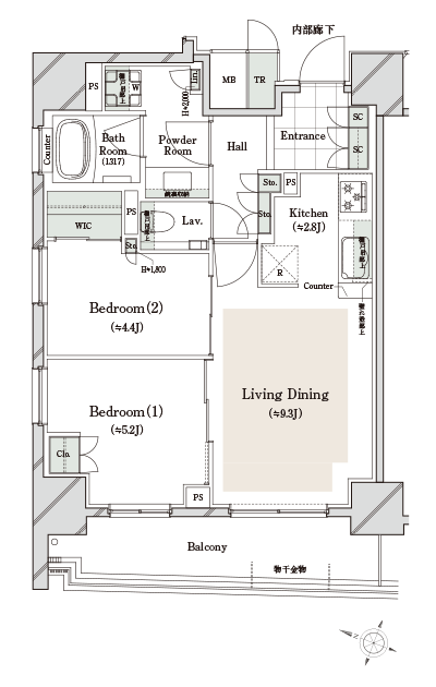 Floor: 2LDK + WIC, the occupied area: 56.23 sq m