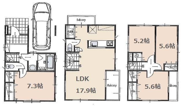 Floor plan. (A Building), Price 53,800,000 yen, 4LDK, Land area 61.86 sq m , Building area 102.99 sq m
