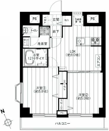 Floor plan. 2LDK, Price 23,900,000 yen, Occupied area 42.88 sq m , Balcony area 5.4 sq m