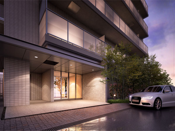 Features of the building.  [Moisturizes to live better, Gracefully greet entrance design] To the entrance surface of the site is, Planting trees, Design the street, such as the green road. If Susumere Trades to be invited to the approach of the moisture, The magnificent entrance of adopting the natural stone, For us gracefully invited those who live. (Entrance Rendering)