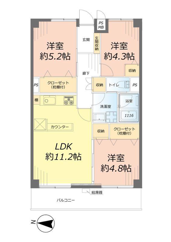 Floor plan. 3LDK, Price 35,800,000 yen, Footprint 62.4 sq m , Balcony area 7.68 sq m