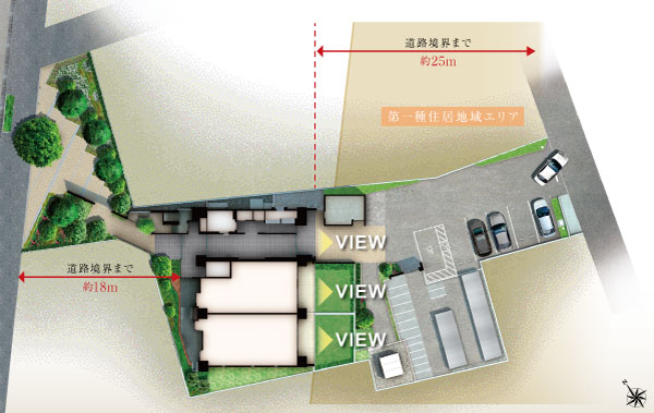 Buildings and facilities. Balcony side of each dwelling unit is a parking lot that does not block the view, Was the distribution building plan to cherish the view and sense of openness. (Site layout Rendering)