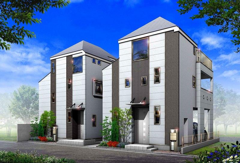Rendering (appearance). Stylish urban three-story