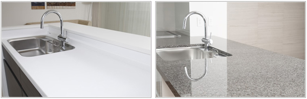 Kitchen.  [Countertops] Left durability ・ Highly heat-resistant artificial marble (standard specification). Natural granite right that drifts sense of quality (OP). So that the dirt does not accumulate, I lost the gap between the junction with the sink.  ※ Less than, All the published photograph of the model room (90C-SWtype, 90D-SEtype) were taken with a, Actual specifications ・ There is a case to the finish slightly different. All OP of the web is paid option ・ Application Exit. furniture ・ Furniture etc. are not included in the price. For more information, please contact the person in charge.