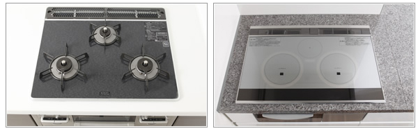 Kitchen.  [Glass top 3 burner stove & IH cooking heaters (OP)] Glass top 3 burner stove (left), Strongly to scratches and heat, Hard glass top attached also dirt. Burner around juice received no flat design. Easy to dirt, It is easy to clean. IH cooking heaters (OP) (right), To heat the pot itself in the electromagnetic induction heating, High thermal efficiency cooker. Because it does not use fire, Improved safety. There is no generation of CO2 by burning.